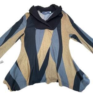 Highness Cowl Neck Tunic Sweater Abstract Print Beige Black Grey Women's L/XL